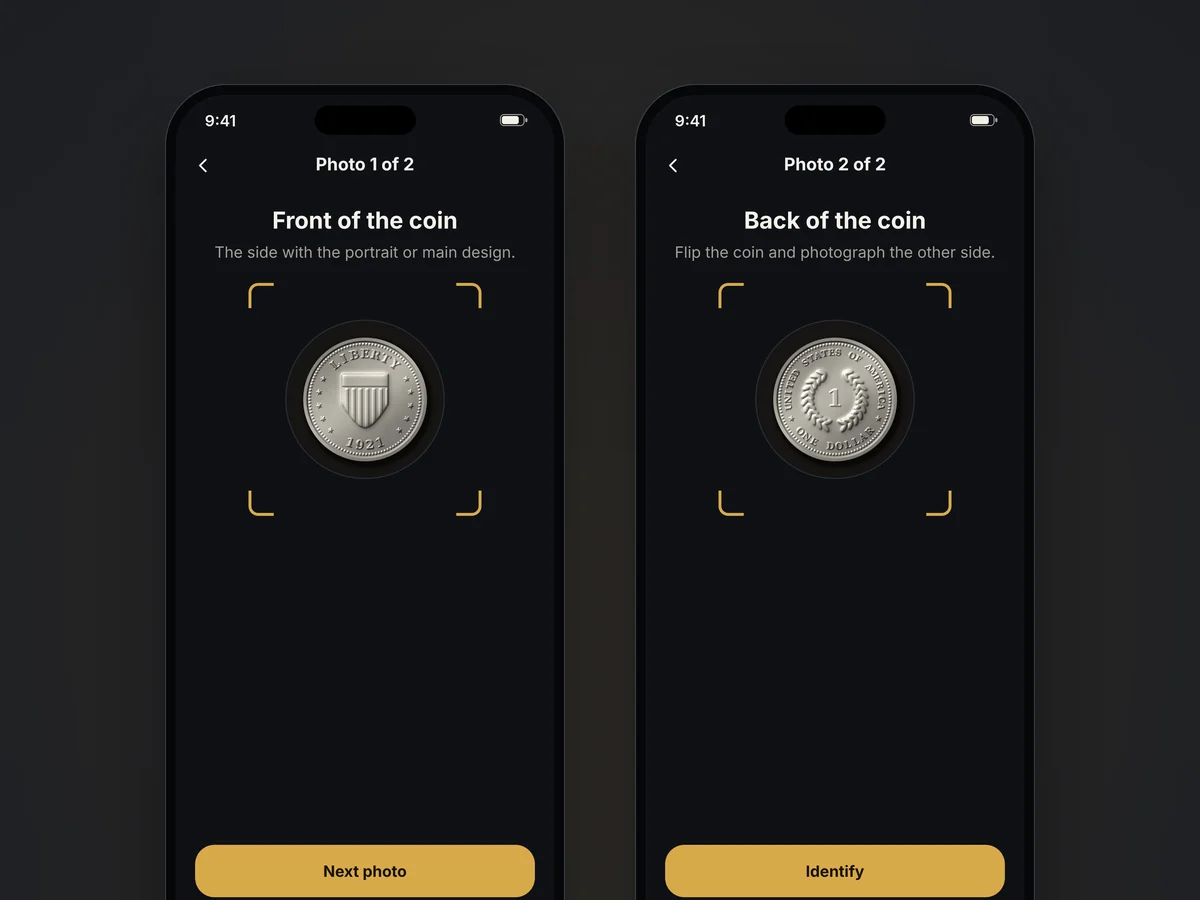 Two capture screens: front of the coin, then back of the coin, each framed by a guide.